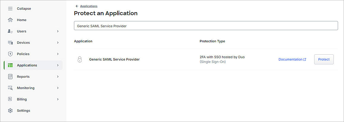 Screenshot of the Protect an Application page in Duo.
